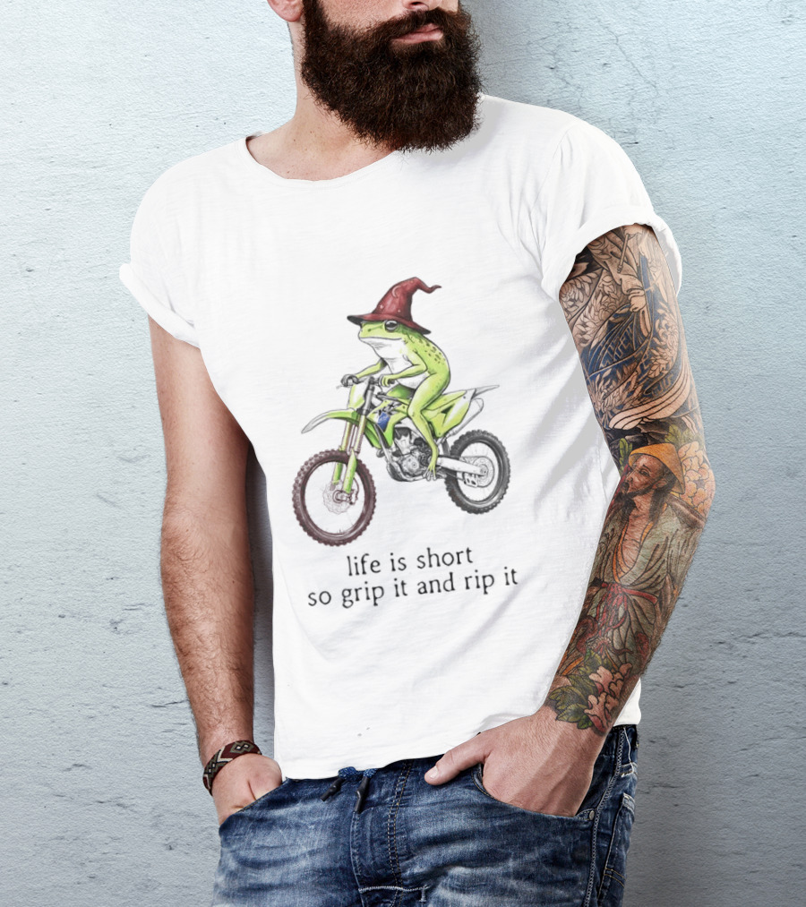 Life Is Short So Grip It And Rip It Frog Red Wizard Hat Green Dirt Bike Adventure T-Shirt