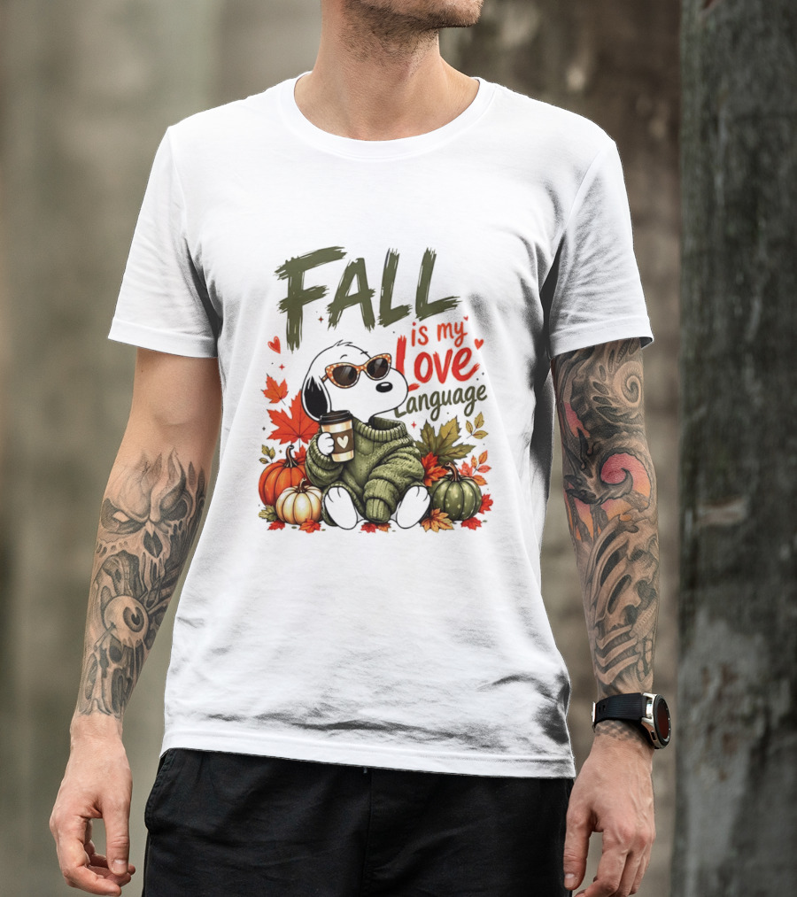Fall Is My Love Language Cartoon Dog Cozy Green Sweater Pumpkins Leaves Coffee T-Shirt