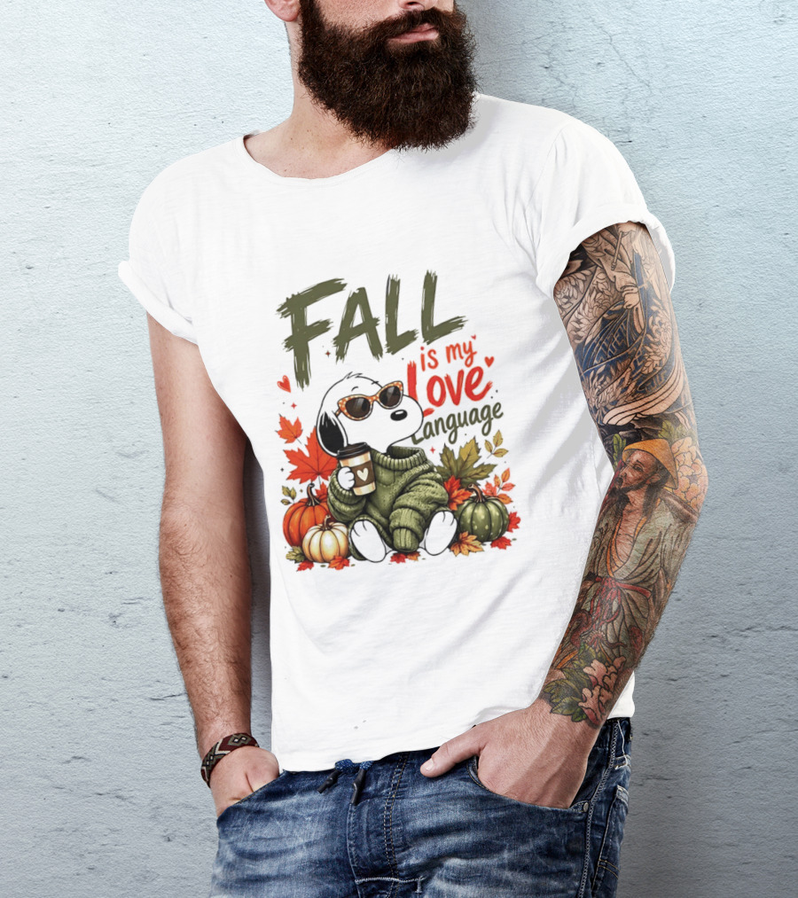 Fall Is My Love Language Cartoon Dog Cozy Green Sweater Pumpkins Leaves Coffee T-Shirt
