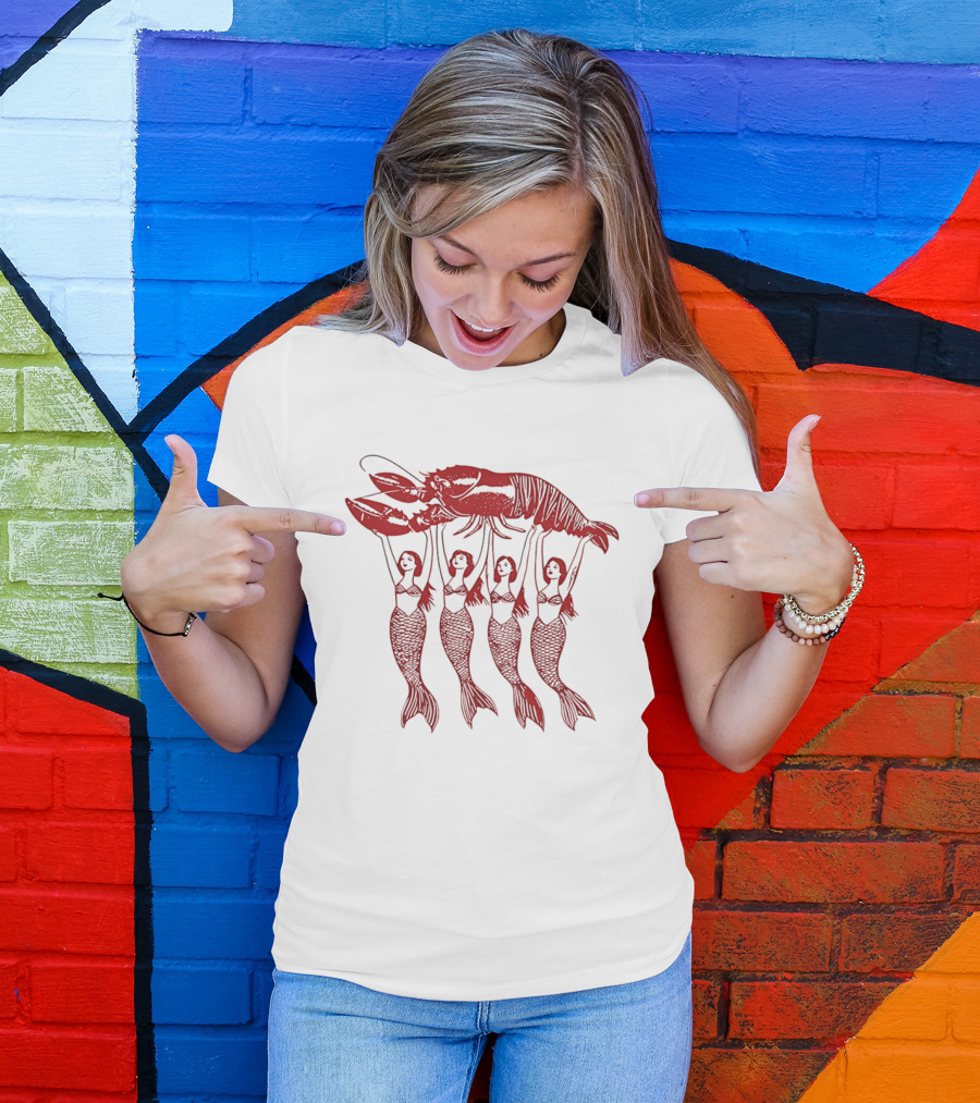 Four Mermaids Holding A Lobster Vintage Red Sea Creature T-Shirt