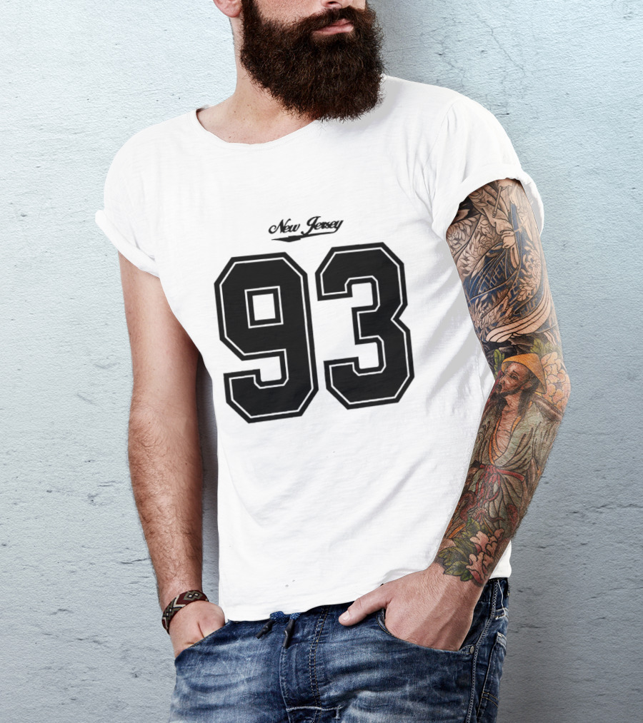 New Jersey 93 Cursive Script Black Varsity Block Number T-Shirt