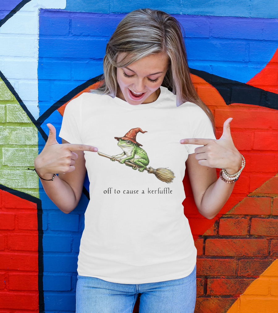 Off To Cause A Kerfuffle Frog Wizard Hat Broomstick Adventure T-Shirt