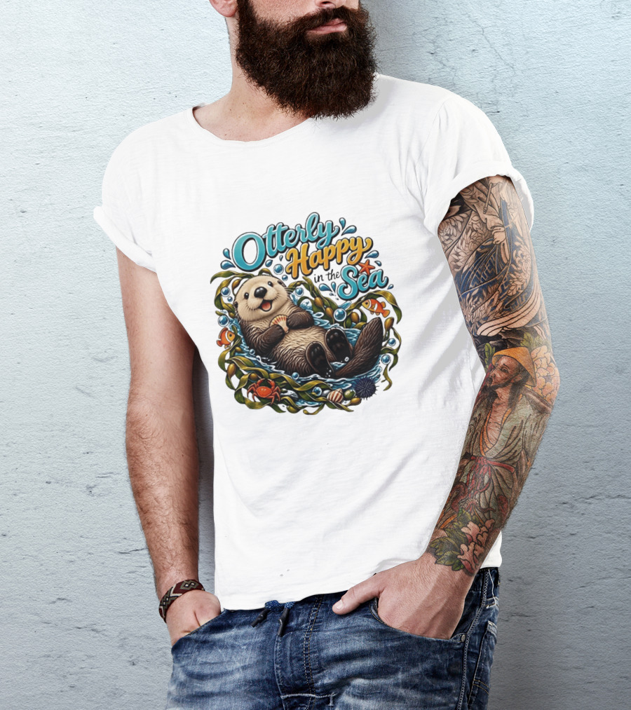Otterly Happy In The Sea Cartoon Otter Floating With Kelp, Shell, Fish, Crab T-Shirt