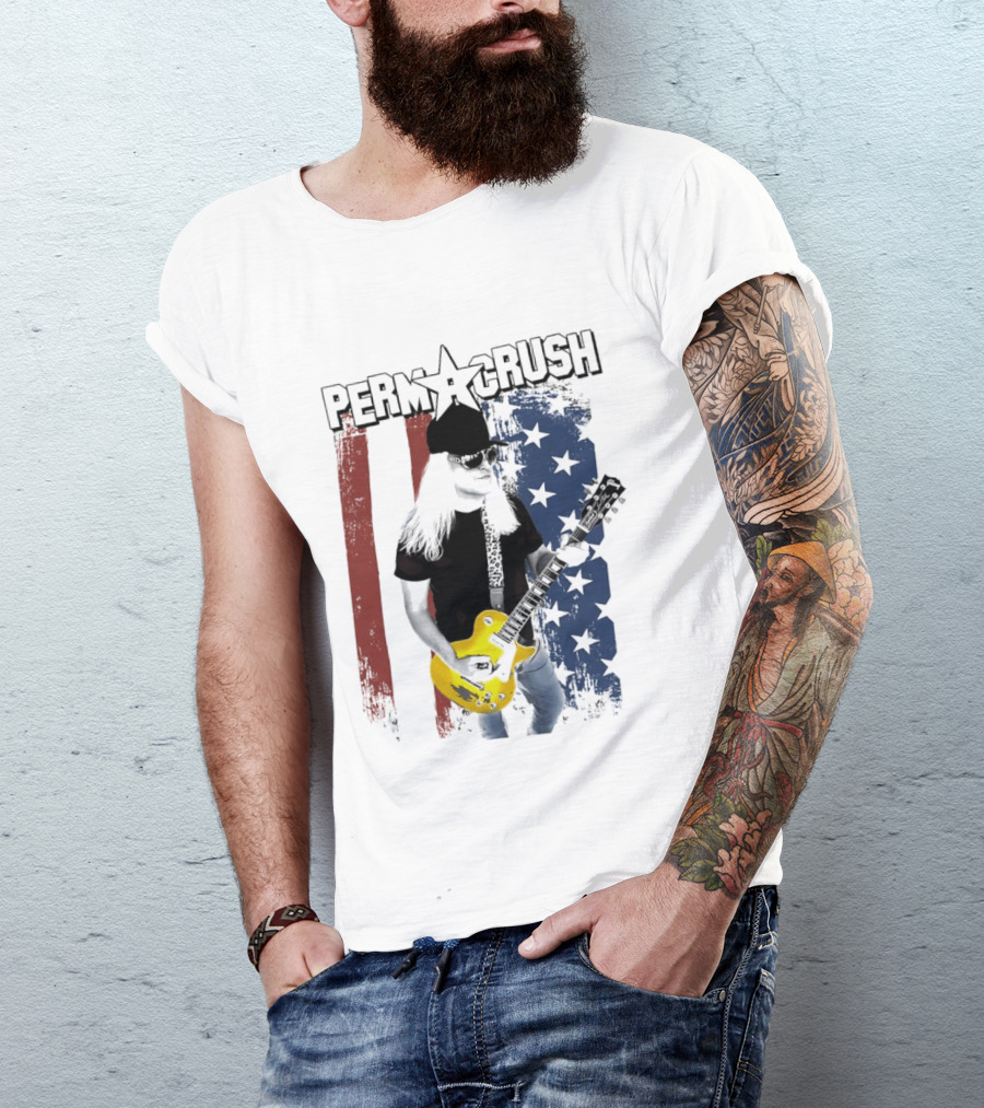 Perm A Crush Long Blonde Hair Yellow Guitar American Flag T-Shirt