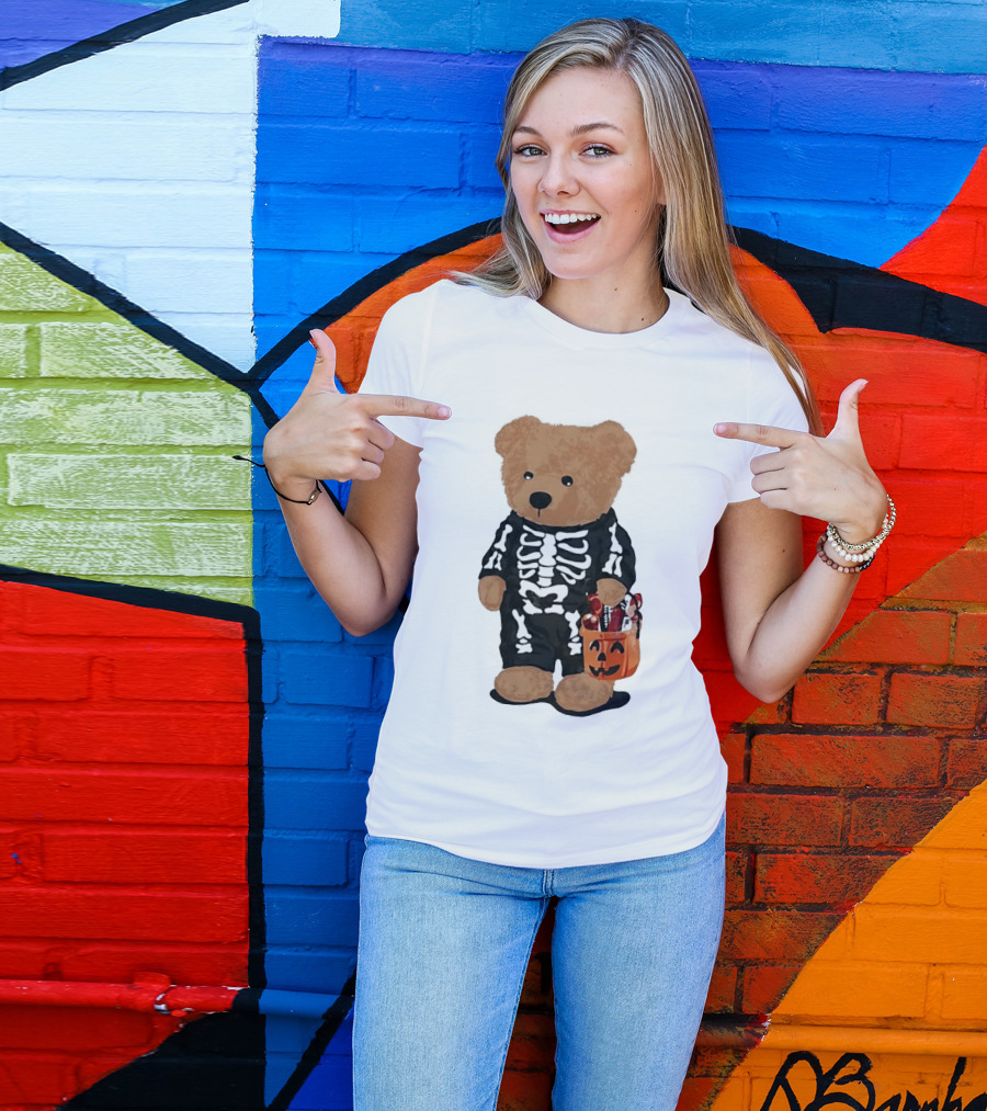 Teddy Bear Skeleton Costume Jack O Lantern Pumpkin Candy Cartoon T-Shirt