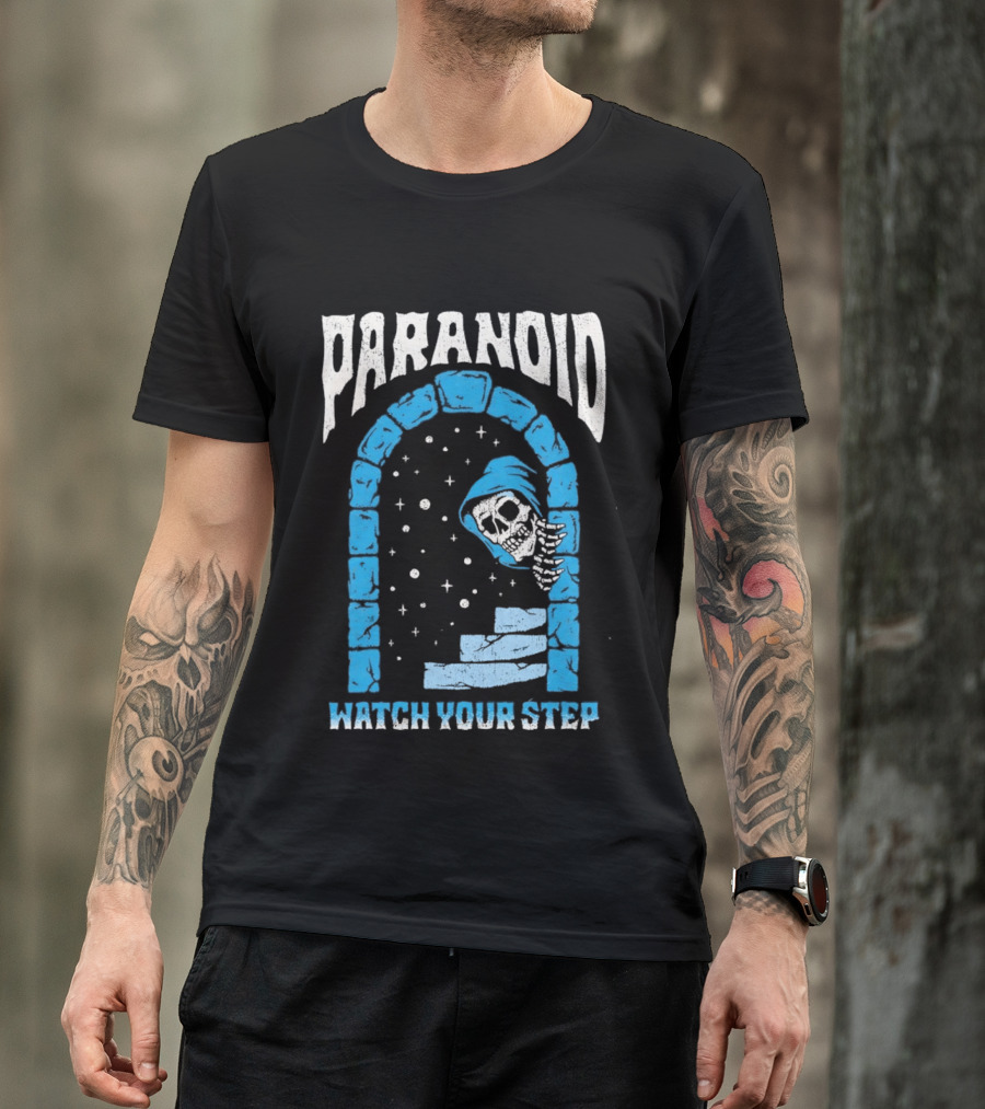 Paranoid Skeleton Peeking Stone Archway Your Step T-Shirt