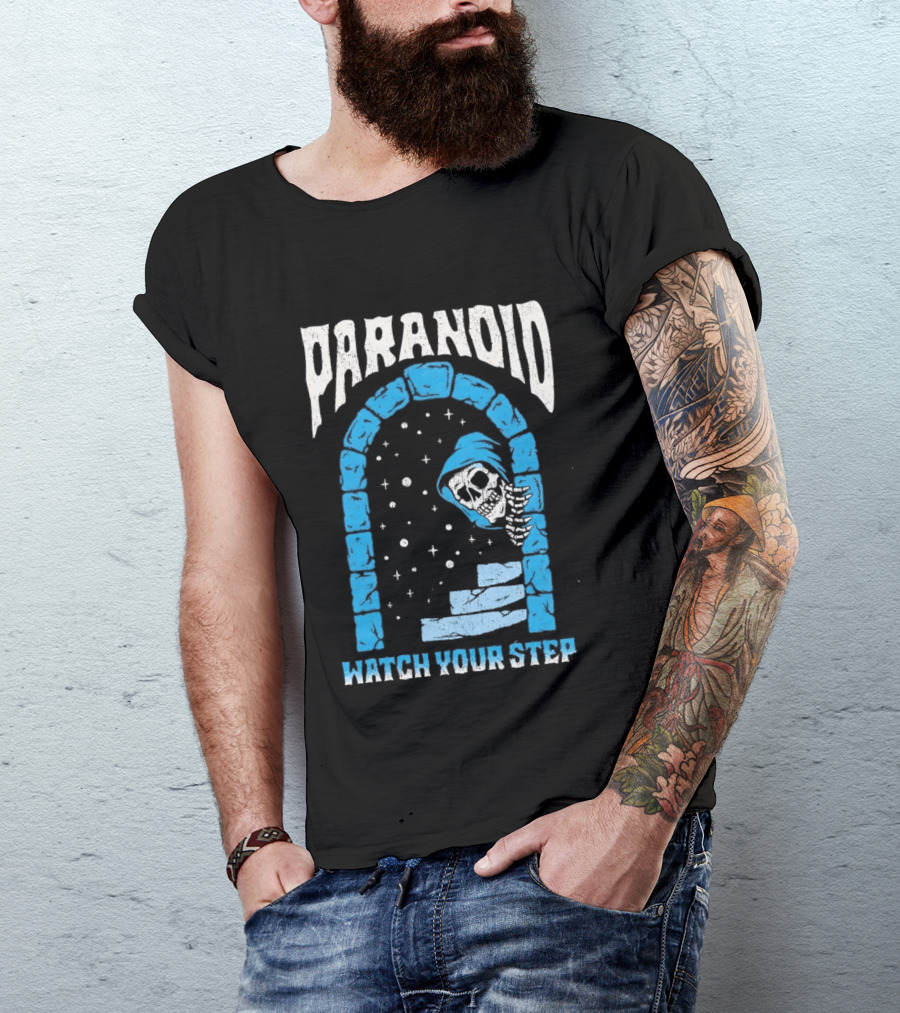 Paranoid Skeleton Peeking Stone Archway Your Step T-Shirt