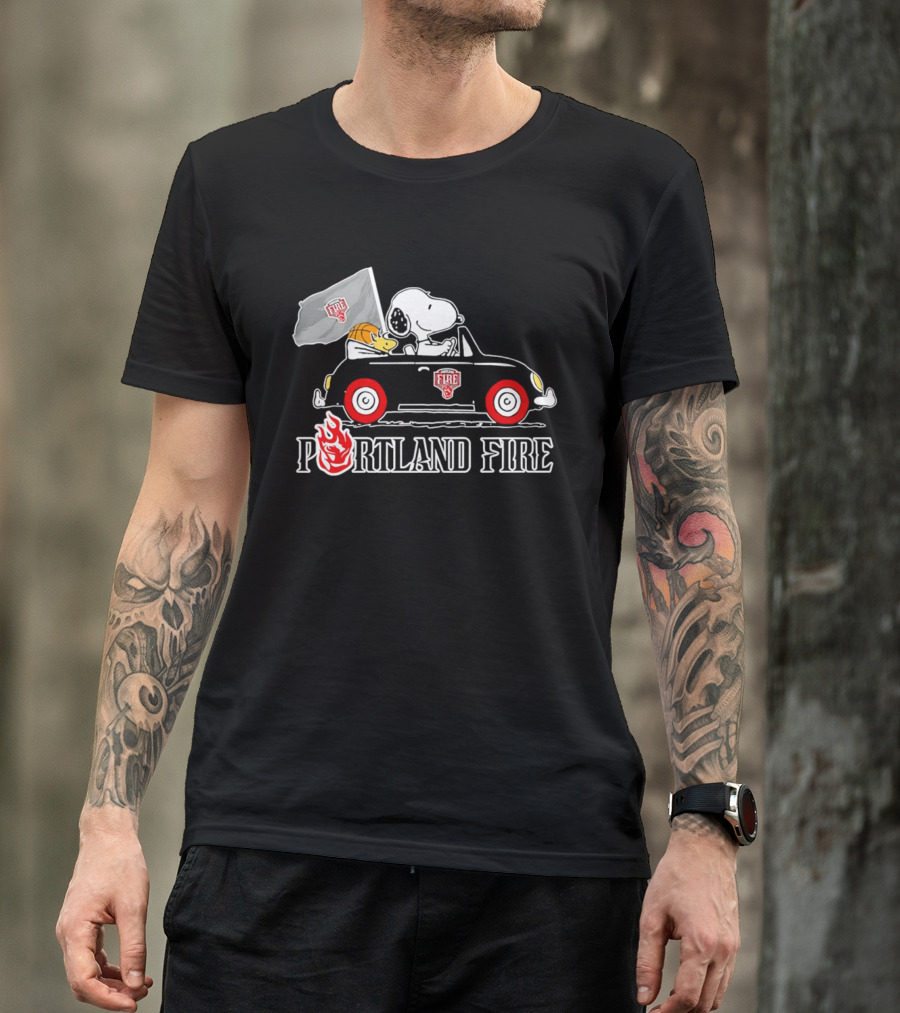 Portland Fire Snoopy And Woodstock Driving Vintage Car With Flag T-Shirt