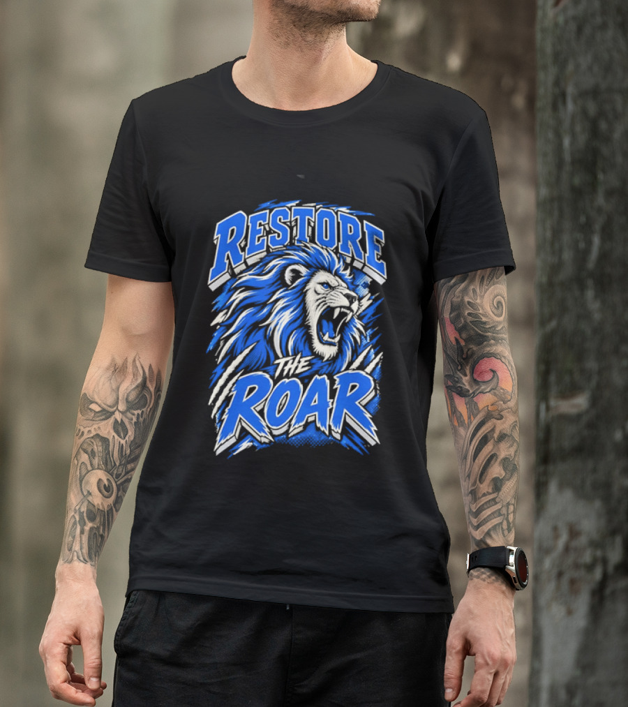 Restore The Roar Blue Lion Head With Halftone Scratch Marks T-Shirt