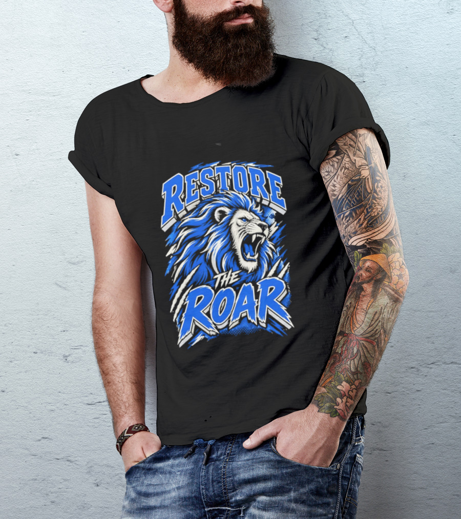 Restore The Roar Blue Lion Head With Halftone Scratch Marks T-Shirt