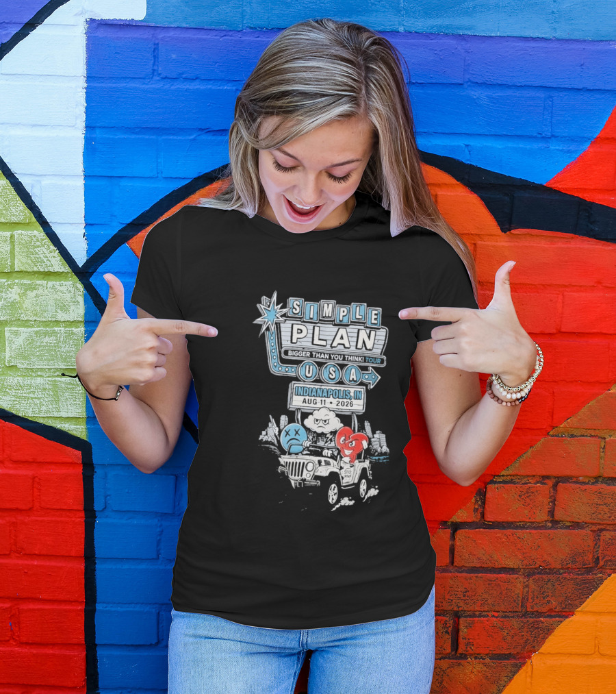 Simple Plan Indianapolis IN 2026 Bigger Than You Think Tour August 11 White River State Park USA Classic Car And Happy Heart T-Shirt