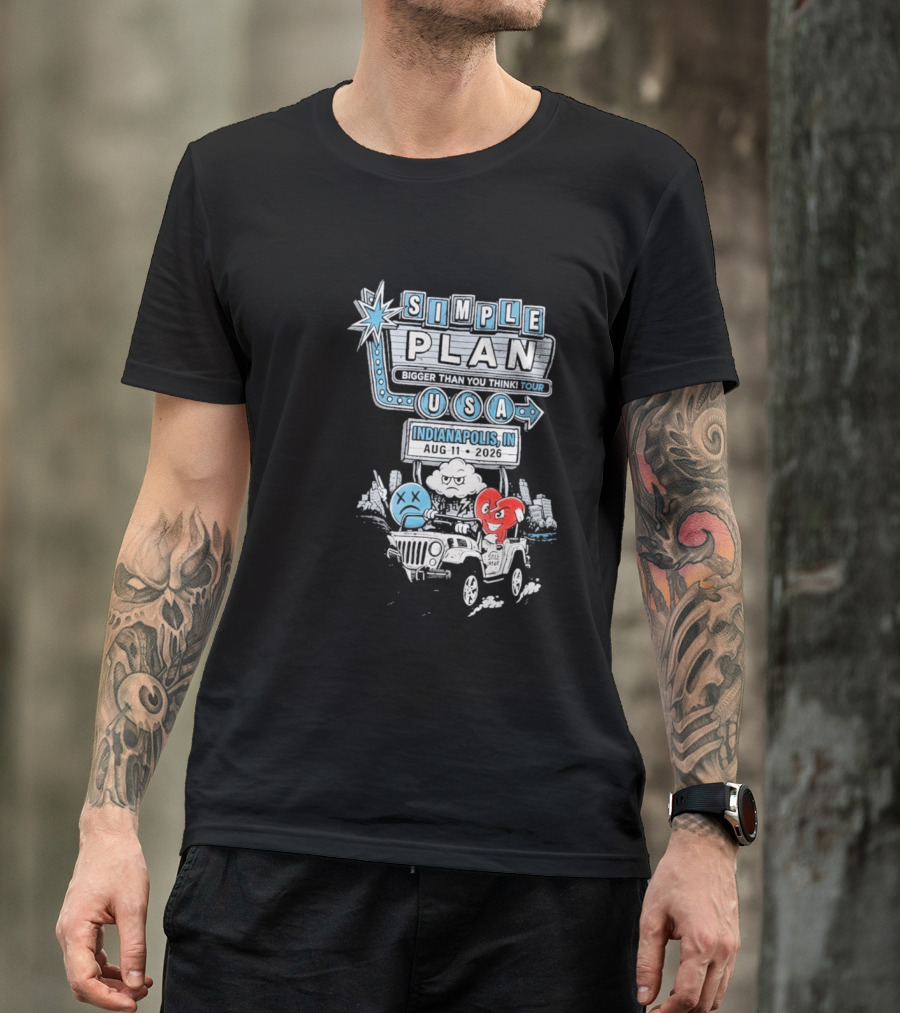 Simple Plan Indianapolis IN 2026 Bigger Than You Think Tour August 11 White River State Park USA Classic Car And Happy Heart T-Shirt