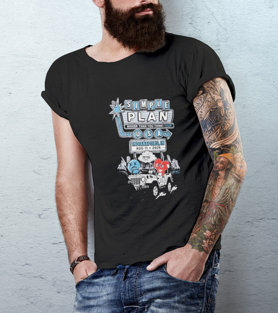 Simple Plan Indianapolis IN 2026 Bigger Than You Think Tour August 11 White River State Park USA Classic Car And Happy Heart T-Shirt