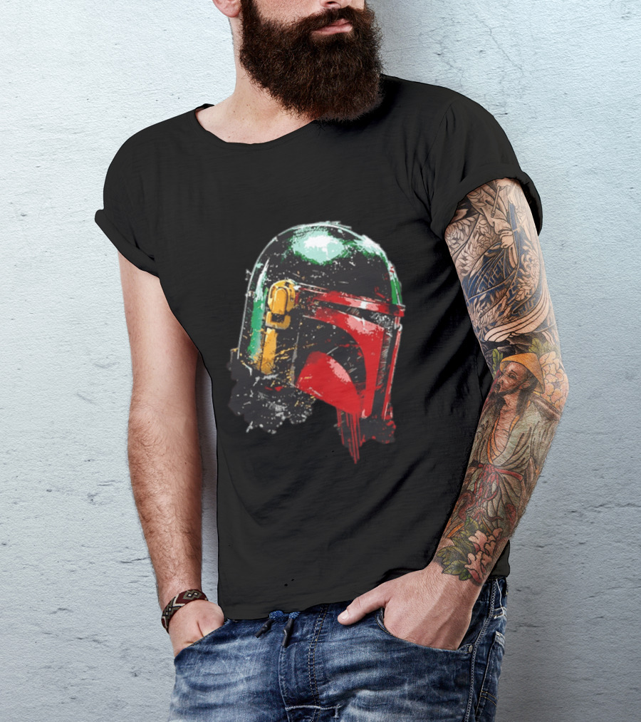 Star Wars Boba Fett Helmet Distressed Paint Splatter Drip T-Shirt