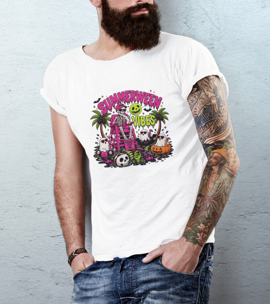 Summerween Vibes Halloween Skeleton Beach Party 2026 T-Shirt