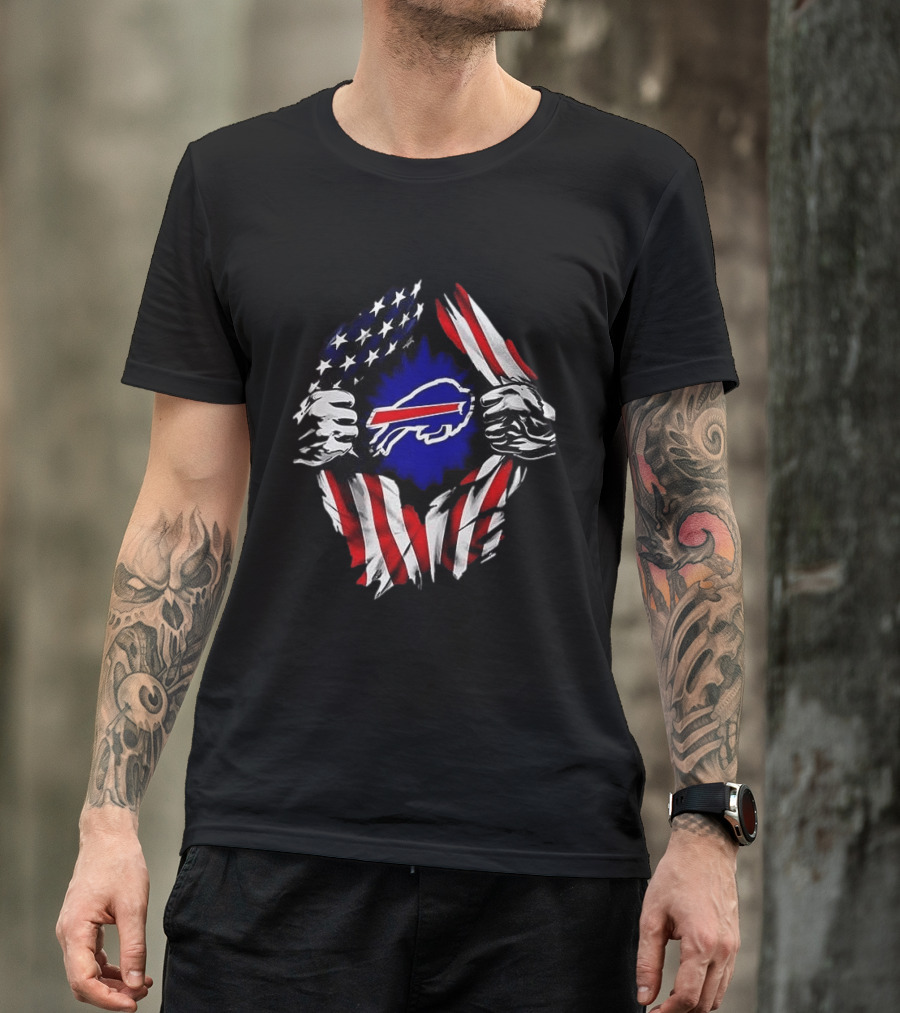 Buffalo Bills Superman Skull Cap Backwards American Flag Rip T-Shirt