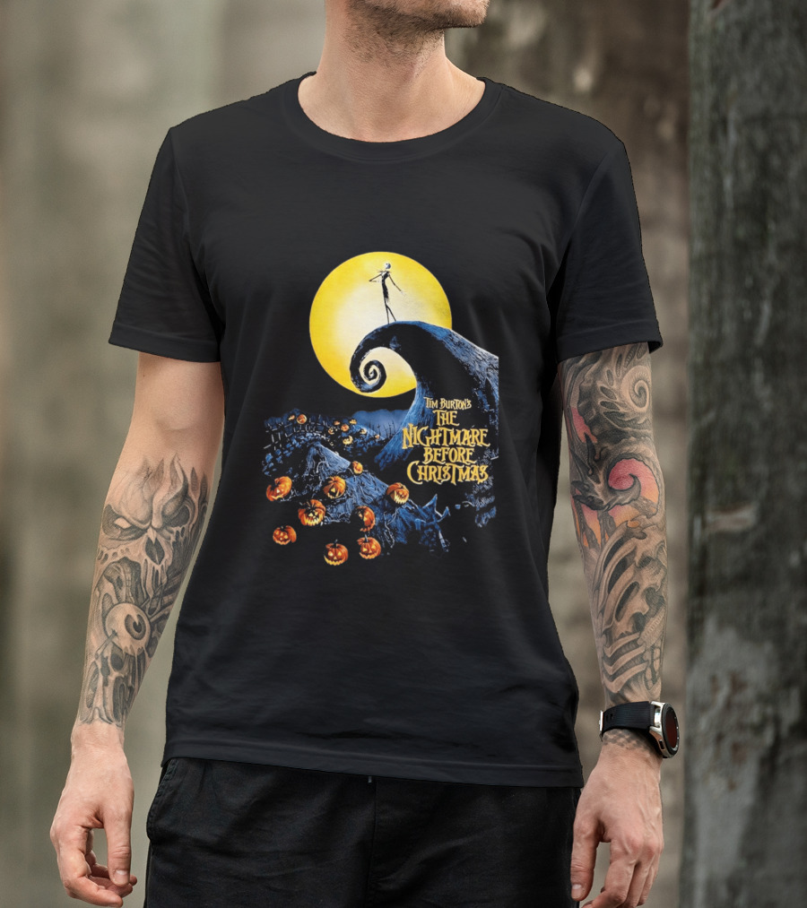 Tim Burton's The Nightmare Before Christmas Jack Skellington Moon Scene With Pumpkins T-Shirt
