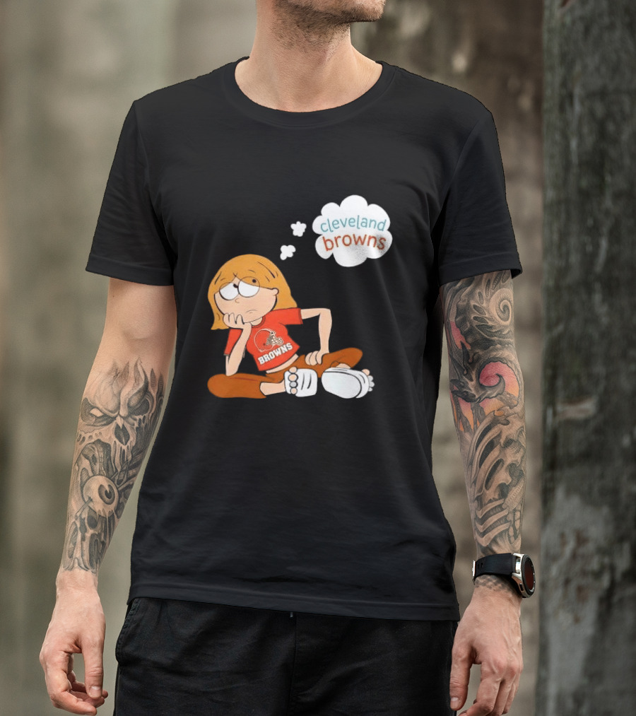 Cleveland Browns Cartoon Girl Sitting With Thought Bubble T-Shirt