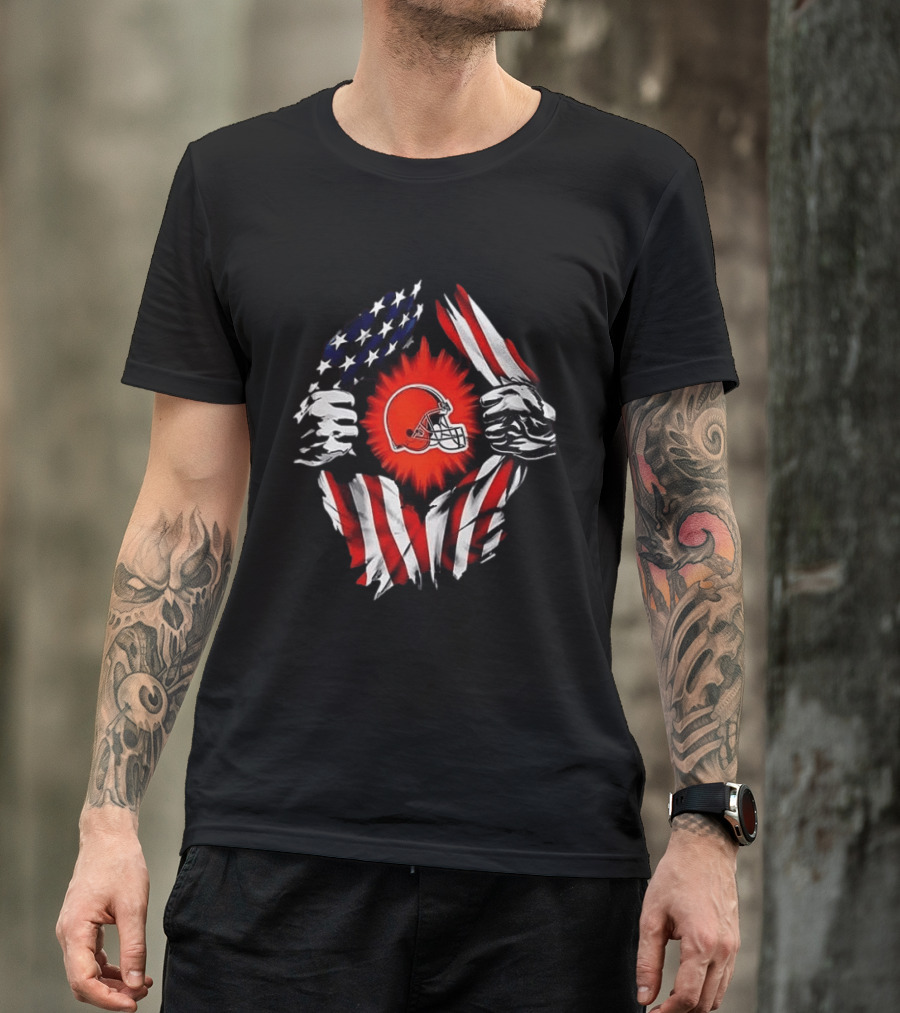 Cleveland Browns Super Man Skull Cap Backwards American Flag Ripped T-Shirt
