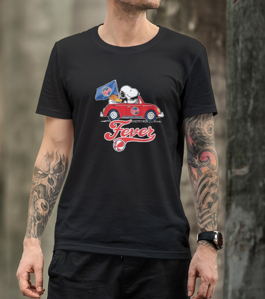 Snoopy Driving Red Car With Indiana Fever WNBA Basketball Logos T-Shirt