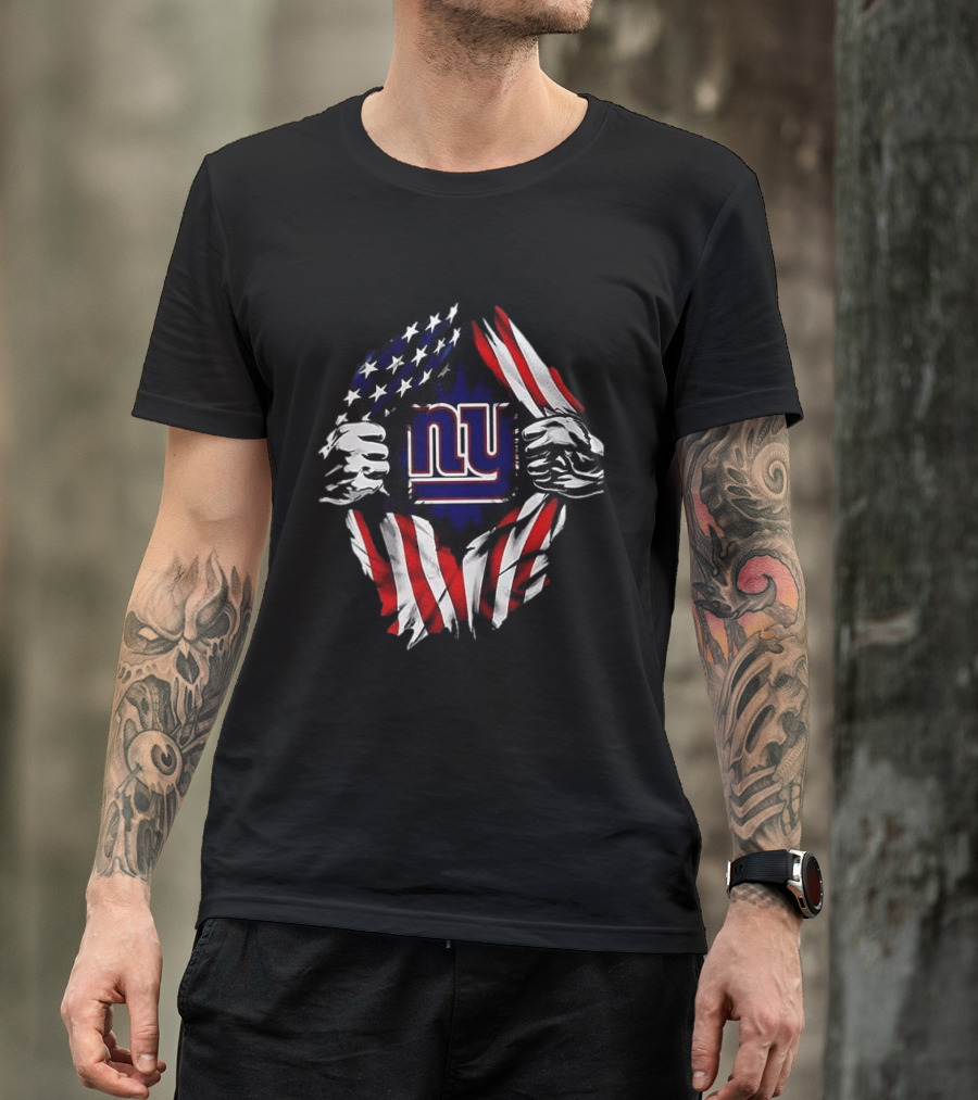 New York Giants American Flag Rip Super Man X Skull Cap Backwards T-Shirt