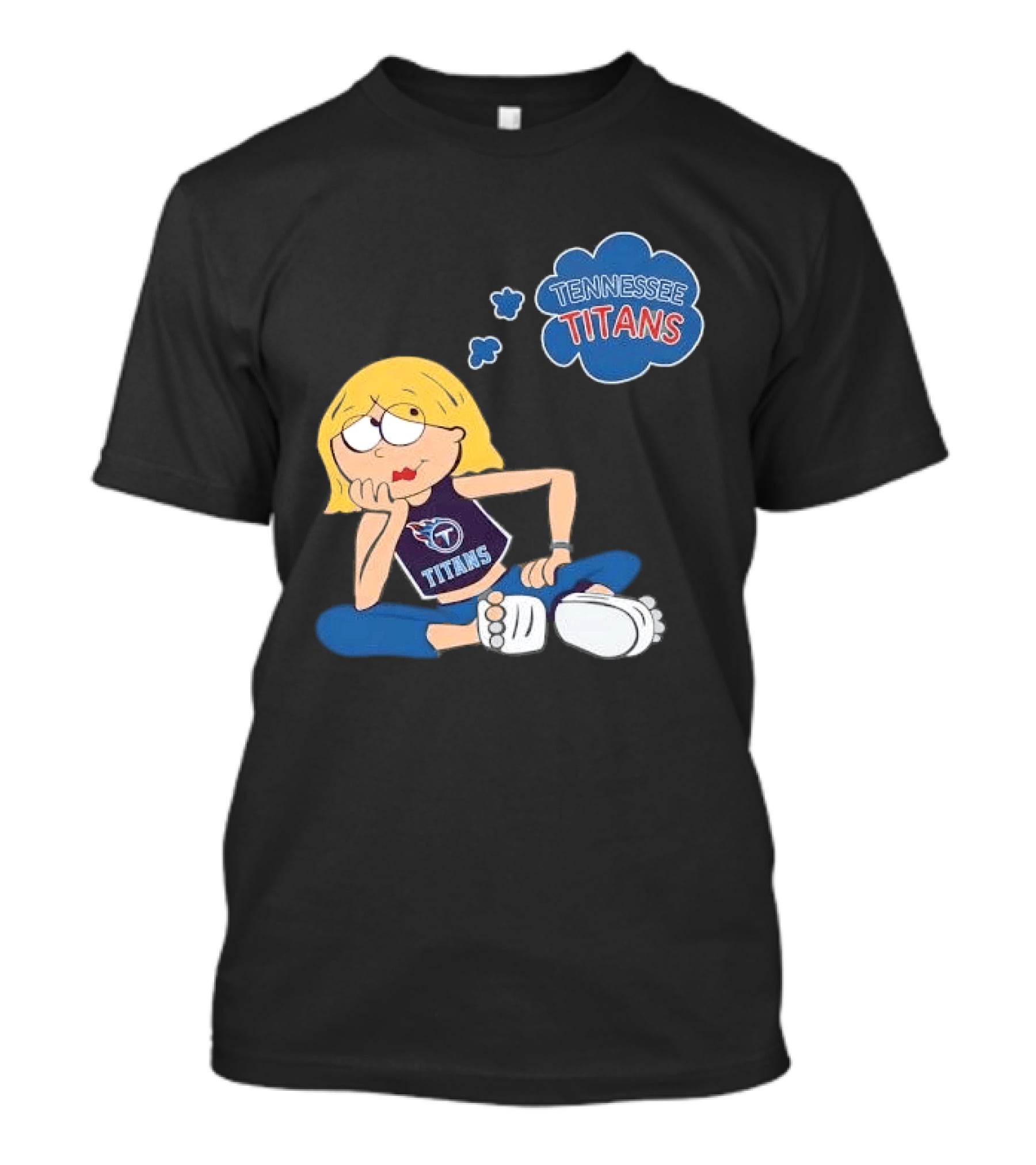 Tennessee Titans Blonde Cartoon Girl Sitting Thinking Thought Bubble Titans T-Shirt