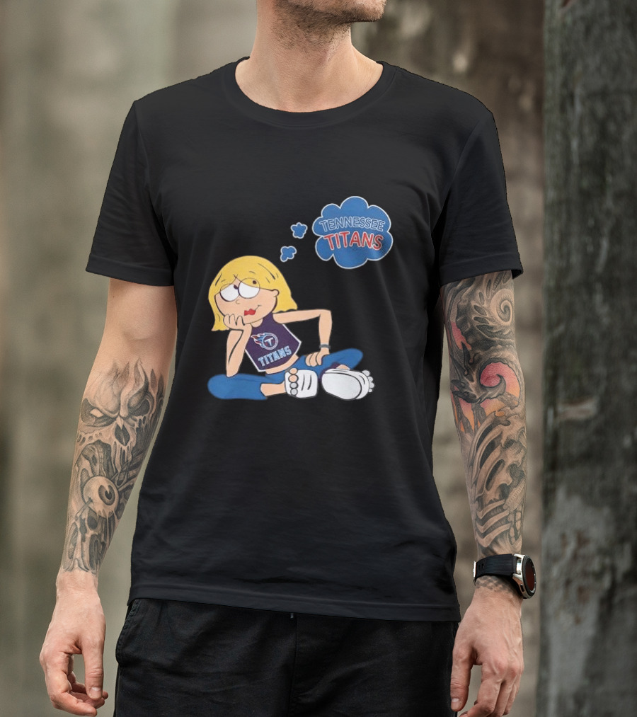 Tennessee Titans Blonde Cartoon Girl Sitting Thinking Thought Bubble Titans T-Shirt