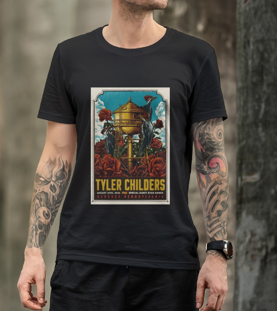 Tyler Childers August 14 2026 Hershey PA Water Tower Woodpeckers Roses T-Shirt