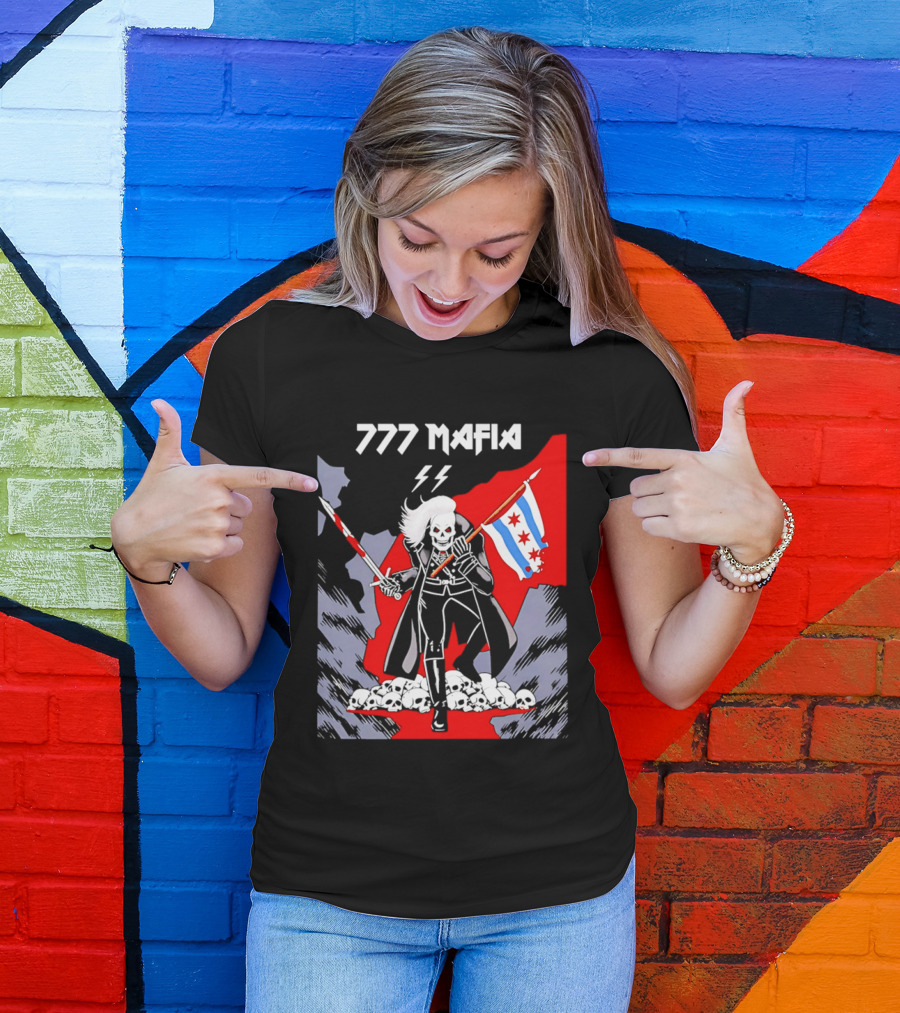 777 Mafia Chicago Flag Skeleton Skull T-Shirt