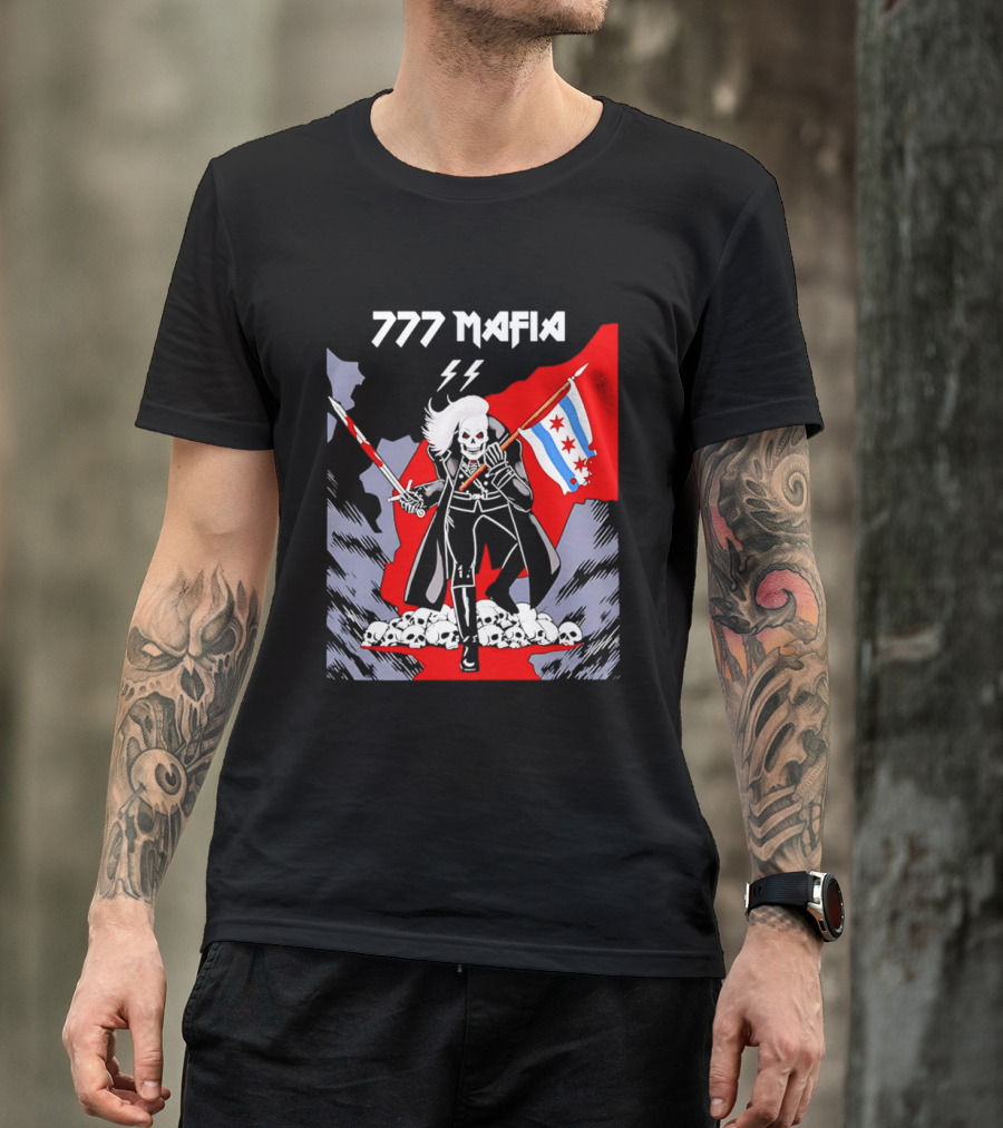 777 Mafia Chicago Flag Skeleton Skull T-Shirt