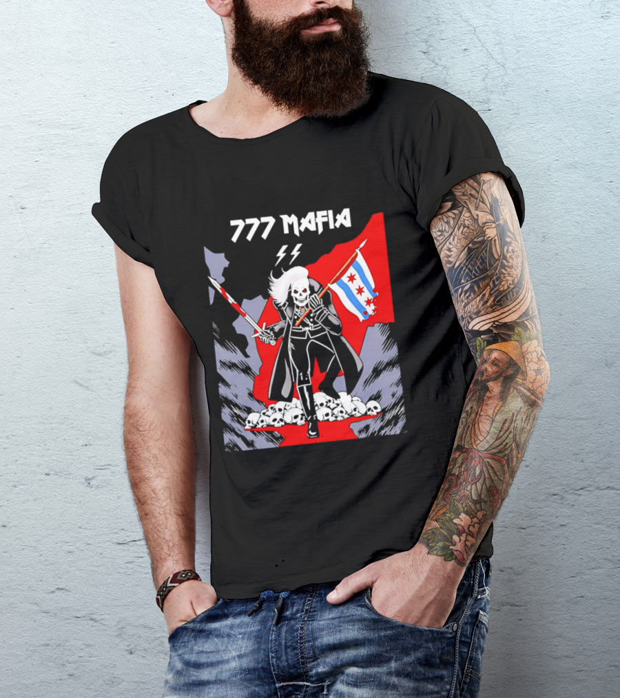 777 Mafia Chicago Flag Skeleton Skull T-Shirt