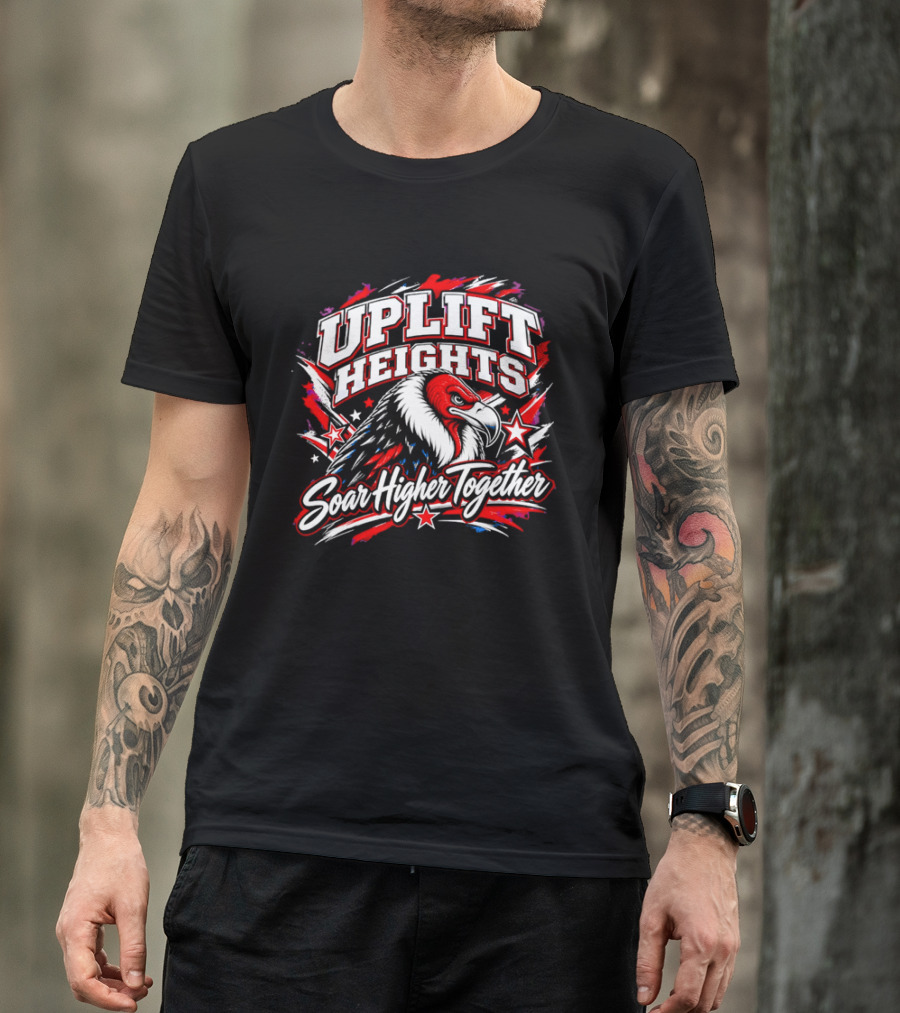 Uplift Heights Soar Higher Together Vulture Head Red Face Stars T-Shirt