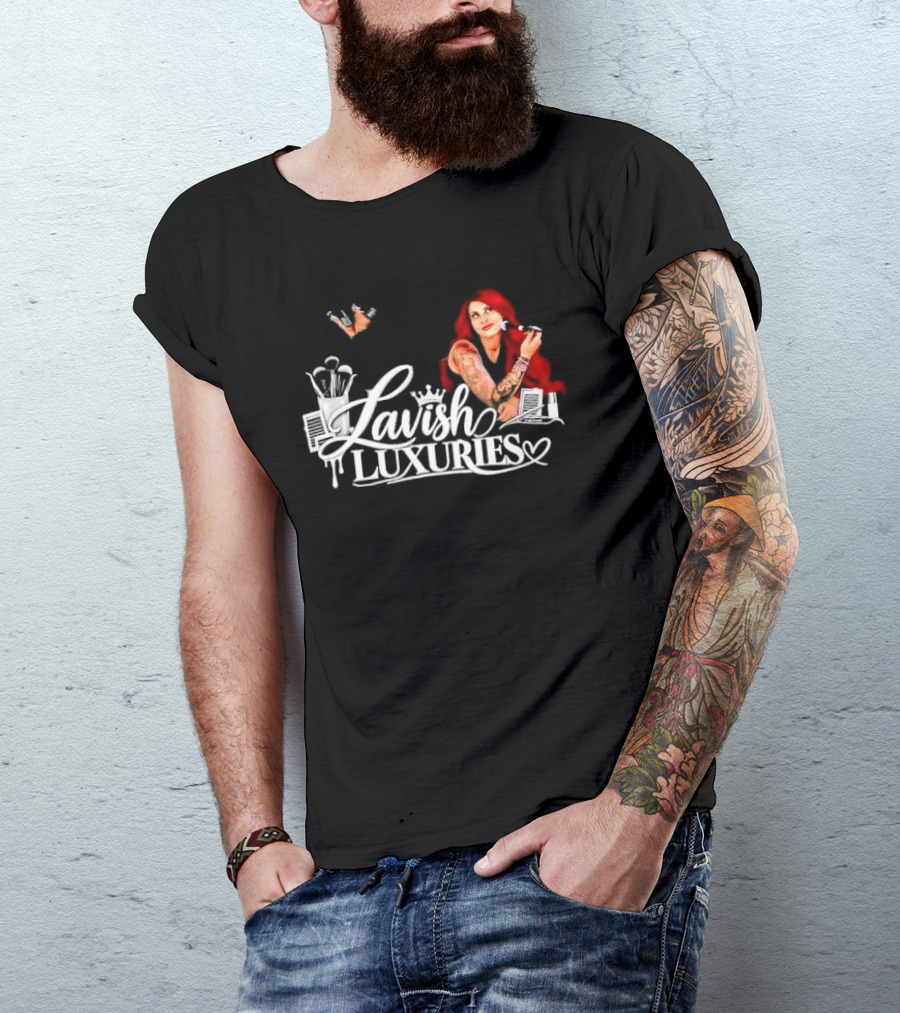 Lavish Luxuries Tattooed Red Hair Woman Makeup Brushes Lash Trays T-Shirt