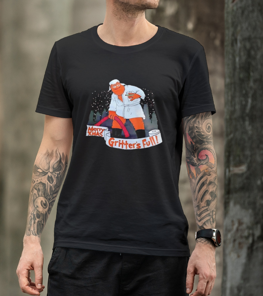 Merry Xmas Gritters Full Cartoon Orange Bathrobe Holding Hose T-Shirt