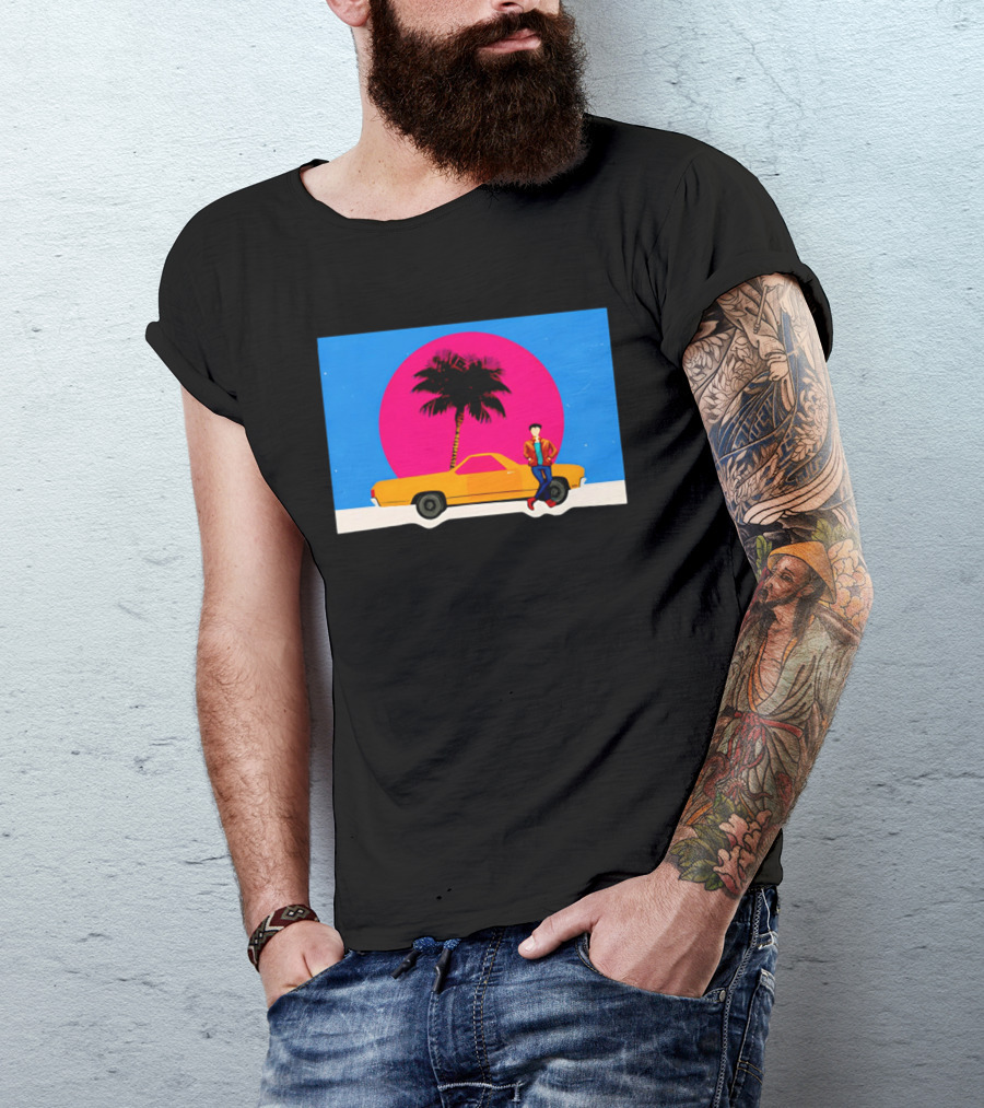 Yellow Car Palm Tree Retro Sunset Aesthetic T-Shirt