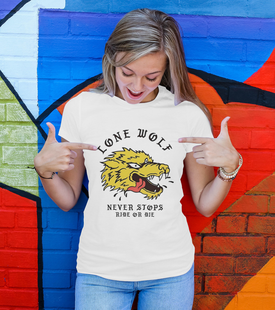 Lone Wolf Never Stops Ride Or Die Fierce Yellow Wolf Head T-Shirt