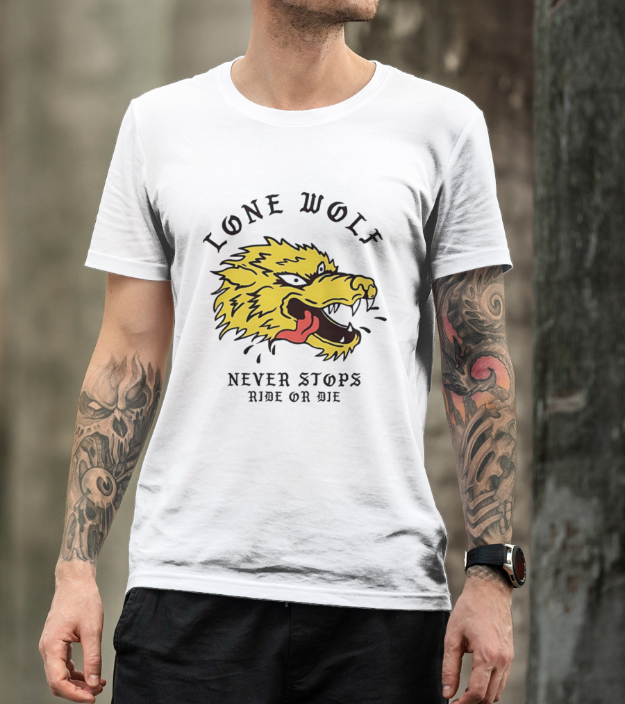 Lone Wolf Never Stops Ride Or Die Fierce Yellow Wolf Head T-Shirt