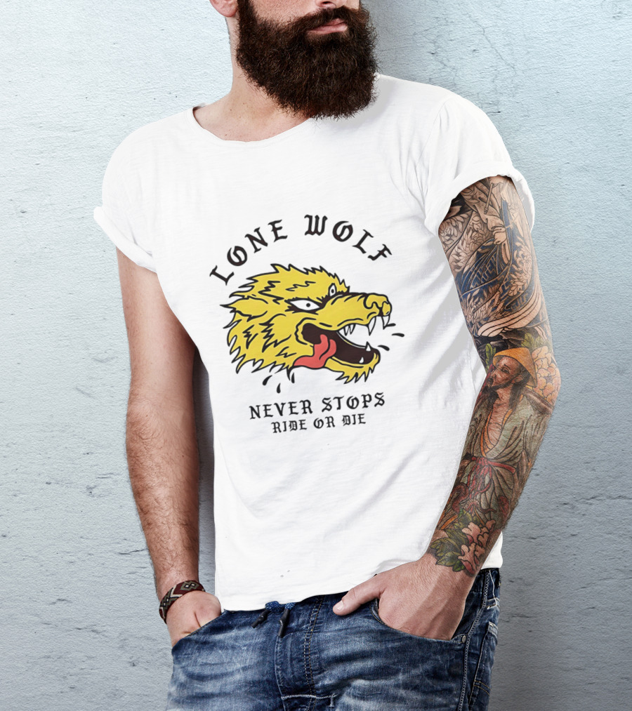Lone Wolf Never Stops Ride Or Die Fierce Yellow Wolf Head T-Shirt
