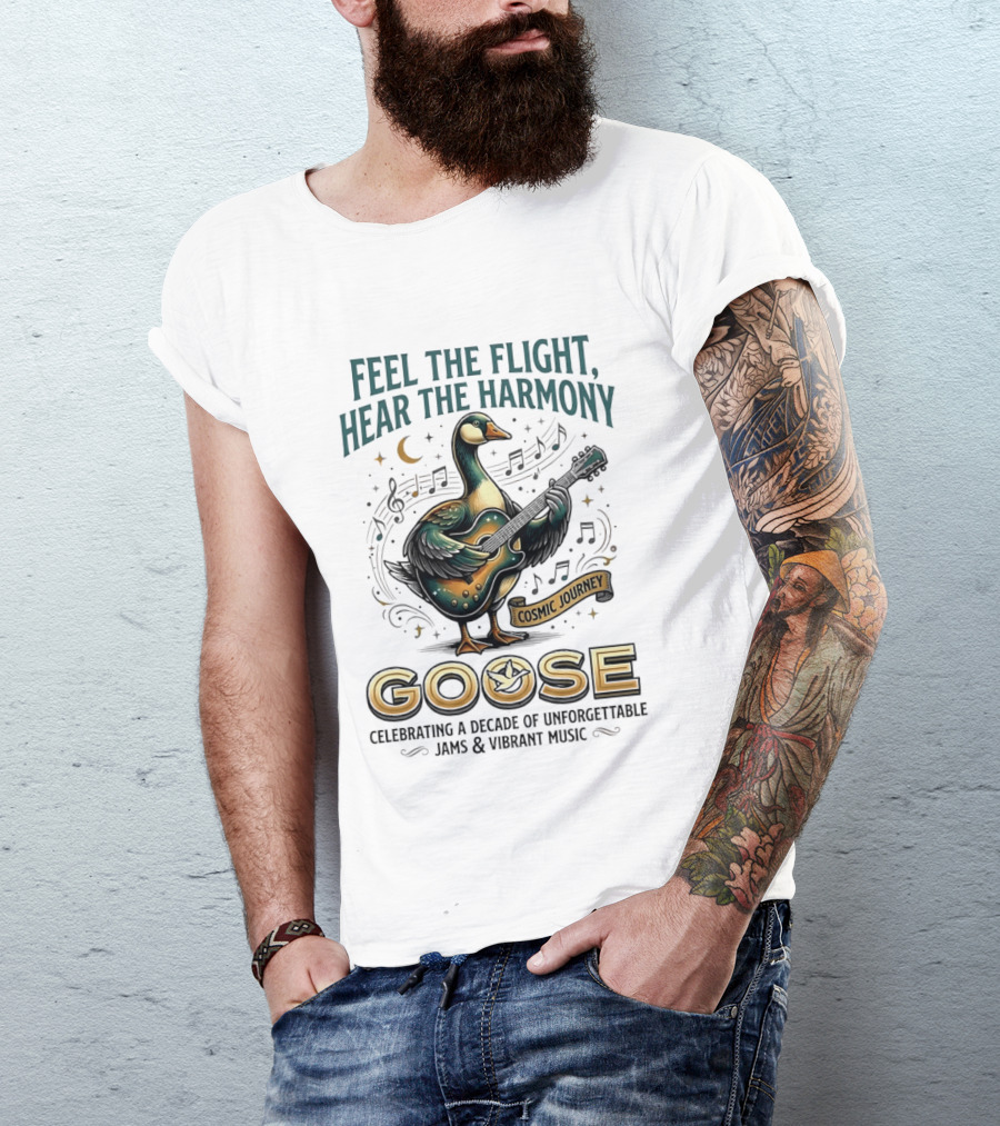 Goose Feel The Flight Hear The Harmony Cosmic Journey Celebrating A Decade Of Unforgettable Jams And Vibrant Music Moon Guitar Notes T-Shirt
