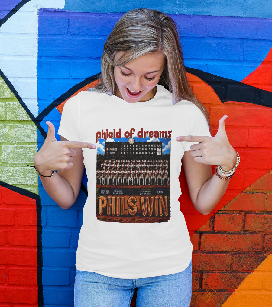 Philadelphia Phillies Phield Of Dreams Phils Win Twins Scoreboard Aaron Nola Tuf Hualcy Kyle Sohnharser 7163 Attendance T-Shirt