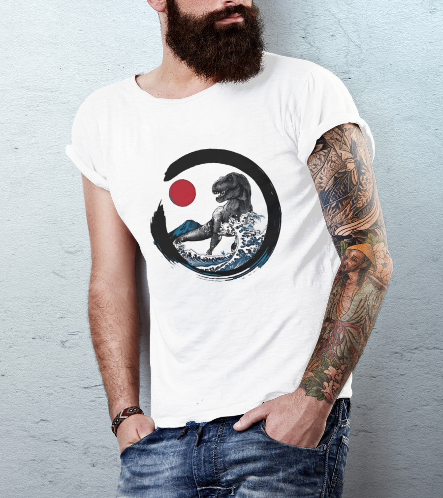 Tyrannosaurus Rex Riding Great Wave With Mount Fuji Enso And Red Sun T-Shirt