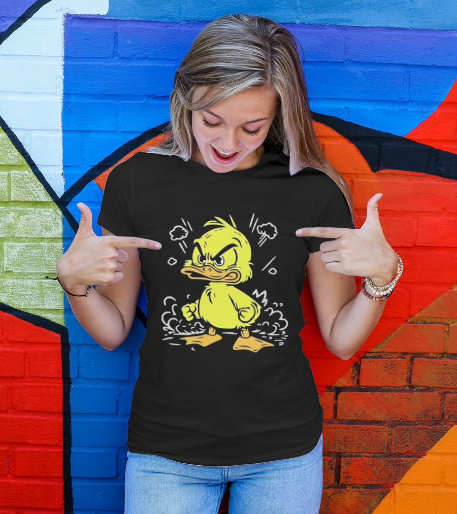 Angry Yellow Duckling Clenched Fists Smoke Clouds Cartoon Line T-Shirt