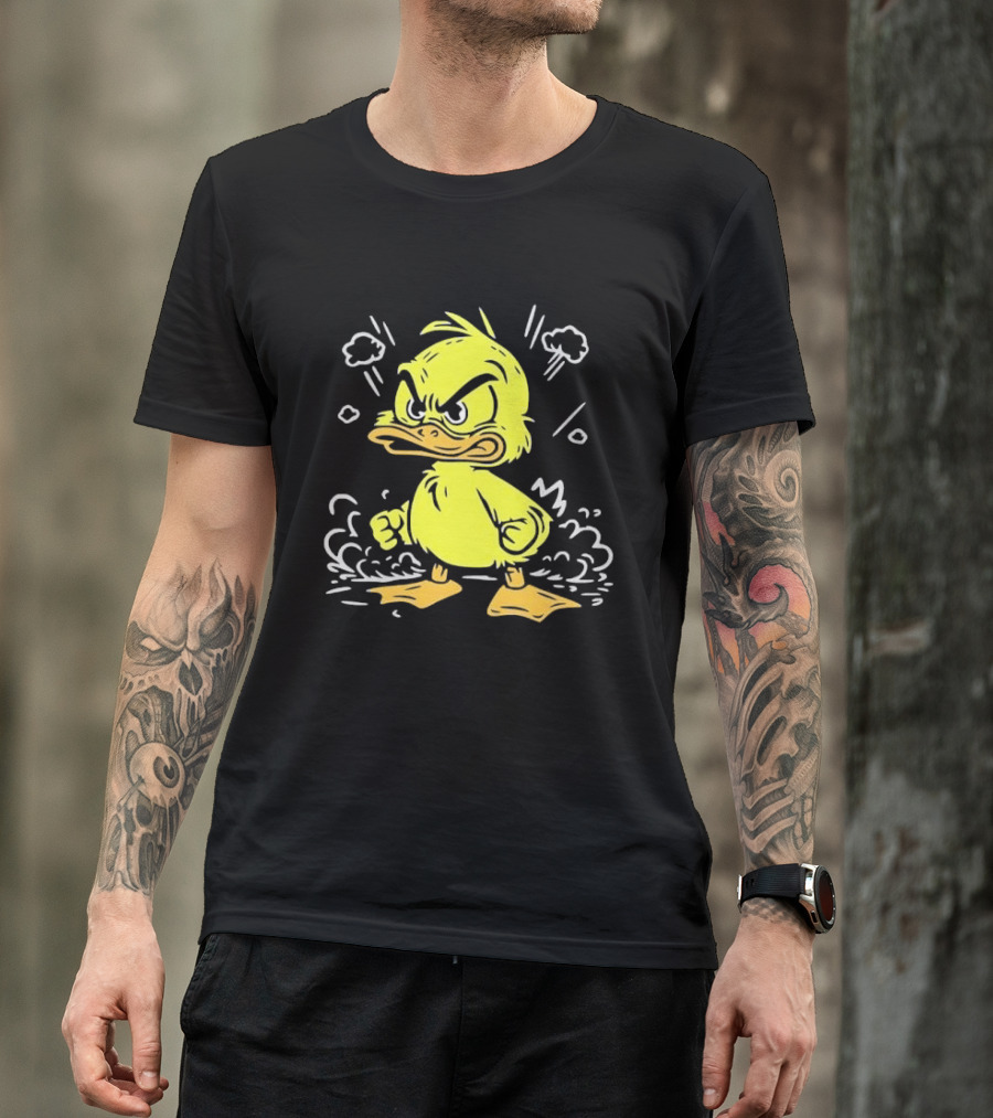 Angry Yellow Duckling Clenched Fists Smoke Clouds Cartoon Line T-Shirt