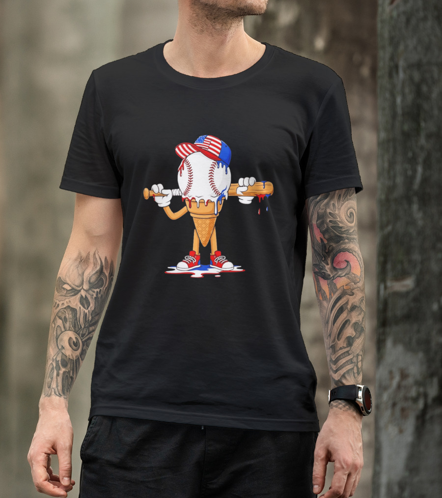 Patriotic Ice Cream Baseball Cone USA Flag Cap And Bat T-Shirt