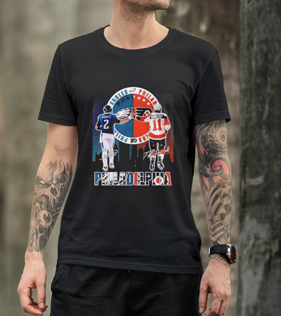 Philadelphia Eagles Flyers Hurts Konecny Fist Bump Split Crest Skyline T-Shirt