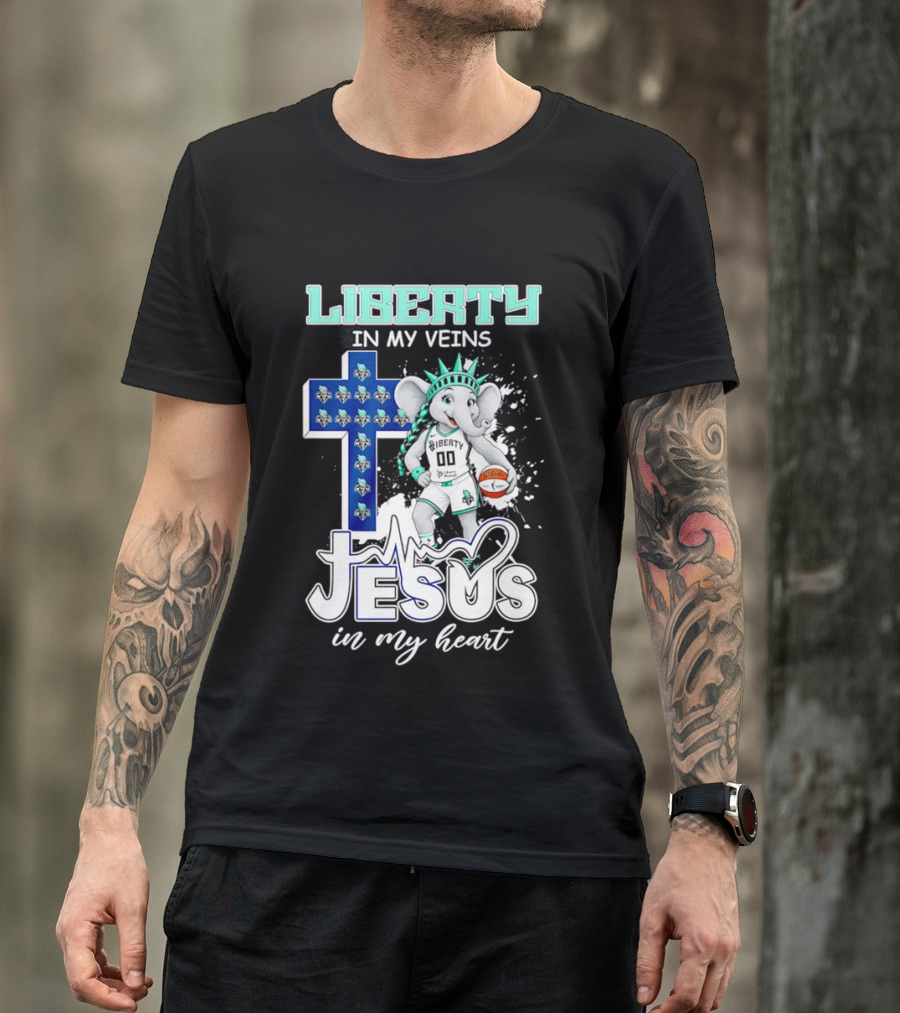 Liberty In My Veins Jesus In My Heart New York Liberty Elephant Basketball Cross T-Shirt