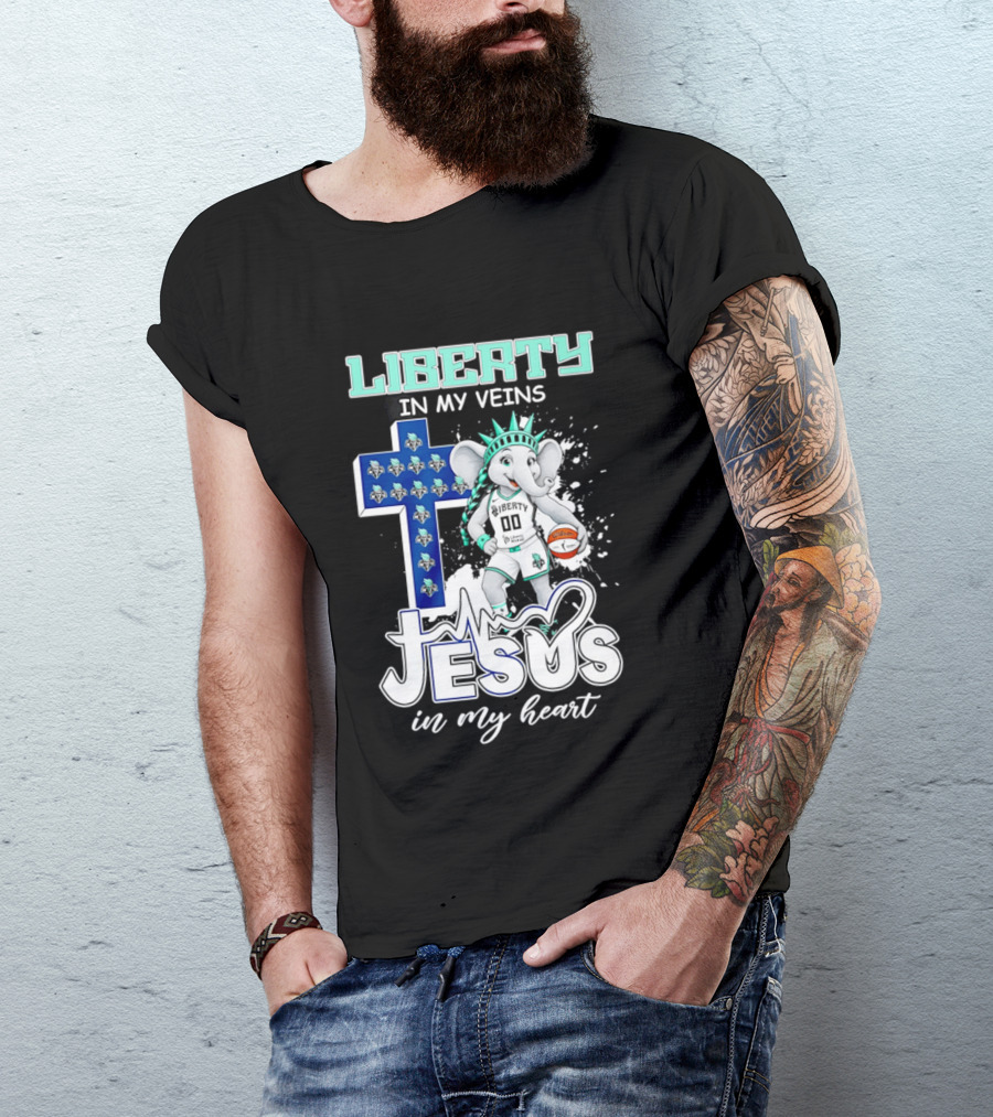Liberty In My Veins Jesus In My Heart New York Liberty Elephant Basketball Cross T-Shirt