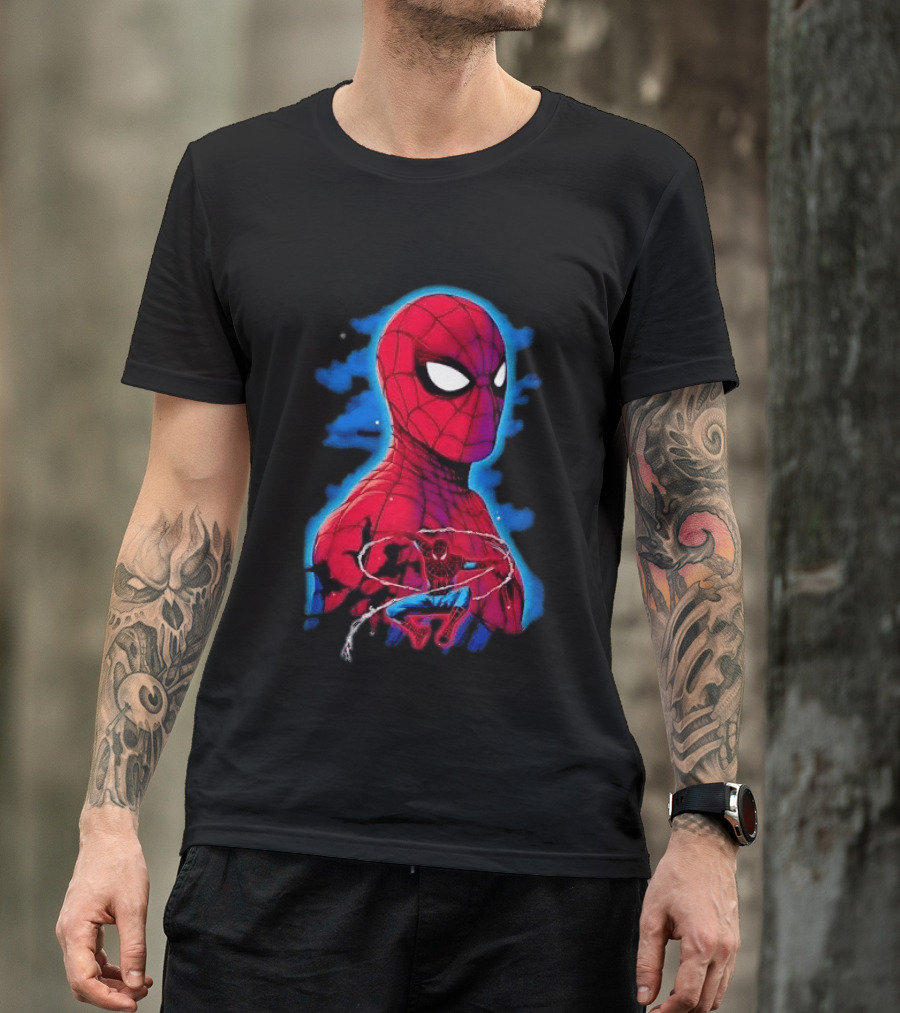 Marvel Spider Man Bust Crouching Web Action Silhouette Clouds T-Shirt
