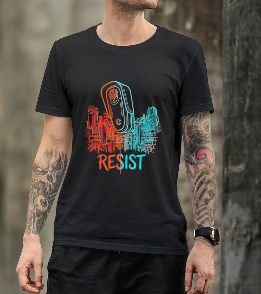 Resist Surveillance Neon City Skyline Security Camera T-Shirt