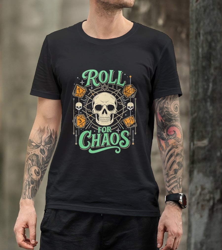 Roll For Chaos Skull RPG Dice Geometric Polyhedral Line T-Shirt